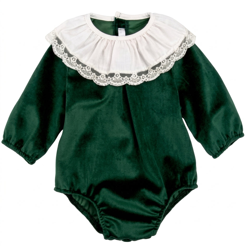 Green Velvet Romper With Lace Collar