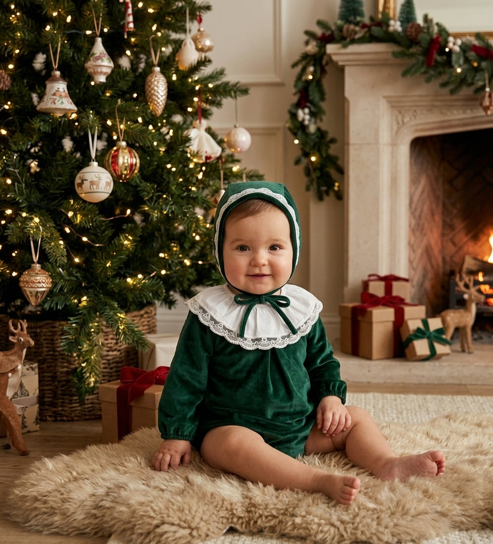 Green Velvet Romper With Lace Collar